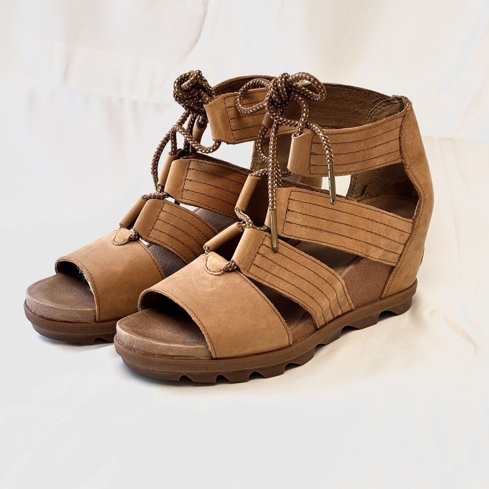 SOREL  JOANIE  II Lace Up Open Toe Wedge Sandals Camel Brown Suede Women’s US 10